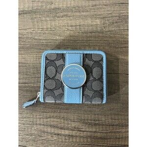 COACH Wallet Small Compact Zip Around Black Smoke & Pacific Blue NEW